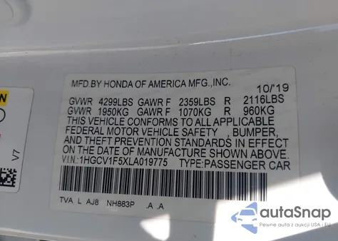 2020 Honda Accord Exl из США, поврежденный, VIN 1HGCV1F5XLA019775